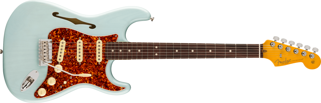 Stratocaster American ProfessionalII Thinline (fini translucide Daphne bleu, touche en palissandre, tui inclus)