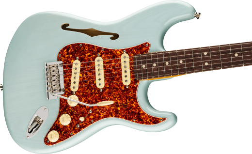 Stratocaster American ProfessionalII Thinline (fini translucide Daphne bleu, touche en palissandre, tui inclus)