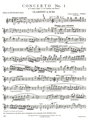 Concerto No. 1 in F minor, Opus 73 - Weber/Kell - Clarinet/Piano - Sheet Music