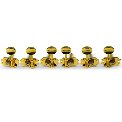 3 Per Side Prestige Series Vertical Mount Open Brass Gear Tuning Machines - Gold with Metal Oval Buttons