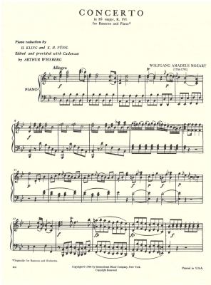 Concerto in B flat major, K. 191 - Mozart/Weisberg - Bassoon/Piano - Sheet Music