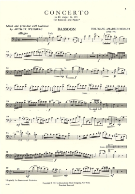Concerto in B flat major, K. 191 - Mozart/Weisberg - Bassoon/Piano - Sheet Music