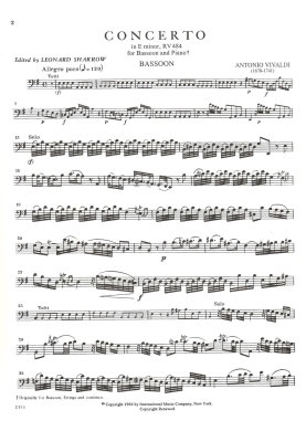 Concerto in E minor, RV 484 - Vivaldi/Sharrow - Bassoon/Piano - Sheet Music