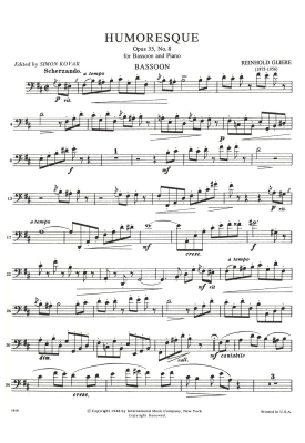 Humoresque, Opus 35, No. 8 - Gliere/Kovar - Bassoon/Piano - Sheet Music