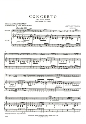 Concerto in A minor, RV 498 - Vivaldi/Sharrow - Bassoon/Piano - Sheet Music