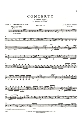 Concerto in A minor, RV 498 - Vivaldi/Sharrow - Bassoon/Piano - Sheet Music