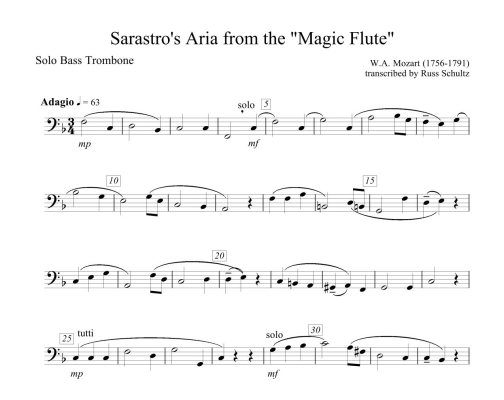 Sarastro\'s Aria (from the \'\'Magic Flute\'\' K. 625) - Mozart/Schultz - Trombone Quartet (B. Trombone Solo) - Score/Parts