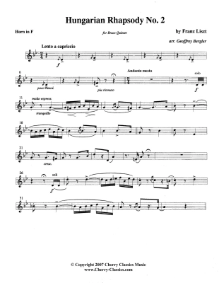 Hungarian Rhapsody No. 2 - Lizst/Bergler - Brass Quintet - Score/Parts