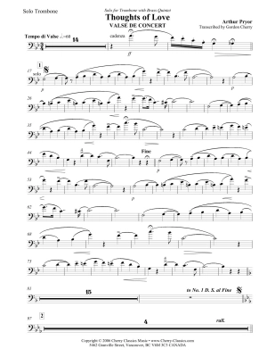 Thoughts of Love - Pryor/Cherry - Brass Quintet (Trombone Solo) - Score and Parts