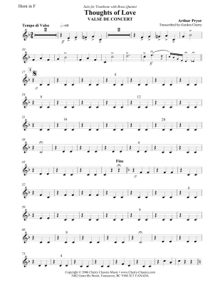 Thoughts of Love - Pryor/Cherry - Brass Quintet (Trombone Solo) - Score and Parts