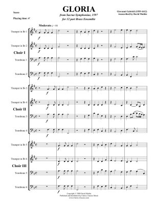 Gloria (from Sacrae Symphponiae, 1597) - Gabrieli/Mathie - 12 Pt. Brass Ensemble - Score/Parts