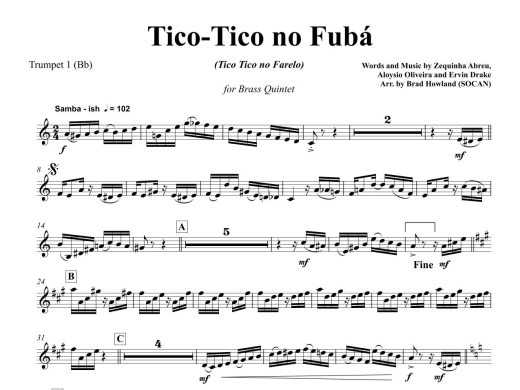 Tico Tico (Tico Tico No Fuba) - Abreu/Howland - Brass Quintet - Score/Parts