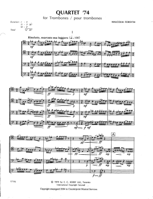 Quartet \'74 for Trombones - Forsyth - Trombone Quartet - Score/Parts