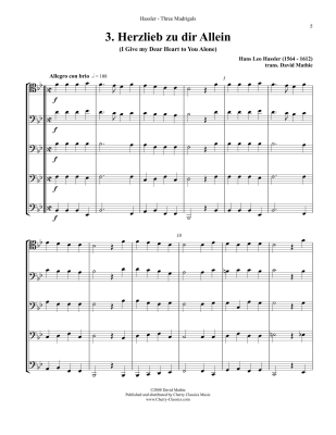 Three Madrigals - Hassler/Mathie - 5 Trombones - Score/Parts