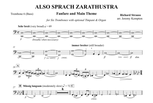Also Sprach Zarathustra (Fanfare and Main Theme) - Strauss/Kempton - Six Trombones (opt. Timpani/Organ) - Score/Parts