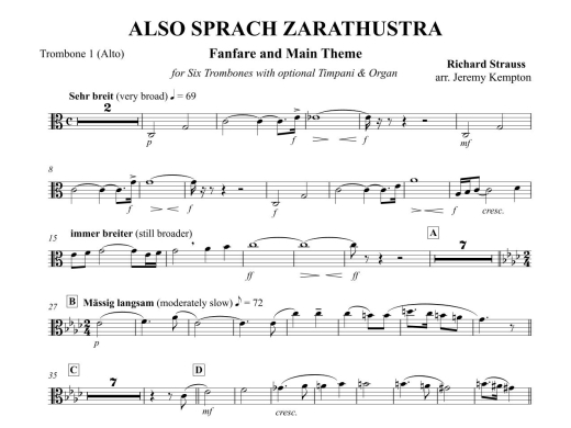 Also Sprach Zarathustra (Fanfare and Main Theme) - Strauss/Kempton - Six Trombones (opt. Timpani/Organ) - Score/Parts
