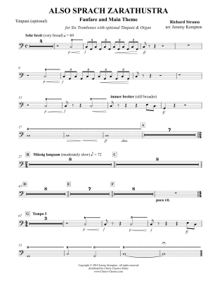 Also Sprach Zarathustra (Fanfare and Main Theme) - Strauss/Kempton - Six Trombones (opt. Timpani/Organ) - Score/Parts