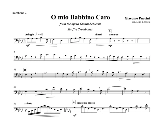 O mio Babbino Caro (from the Opera Gianni Schicchi) - Puccini/Lennex - Five Trombones - Score/Parts