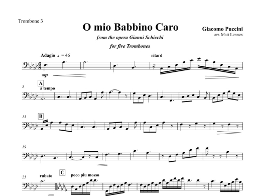 O mio Babbino Caro (from the Opera Gianni Schicchi) - Puccini/Lennex - Five Trombones - Score/Parts