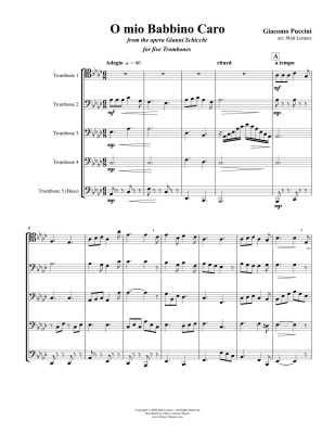 O mio Babbino Caro (from the Opera Gianni Schicchi) - Puccini/Lennex - Five Trombones - Score/Parts