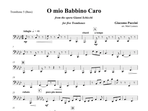 O mio Babbino Caro (from the Opera Gianni Schicchi) - Puccini/Lennex - Five Trombones - Score/Parts