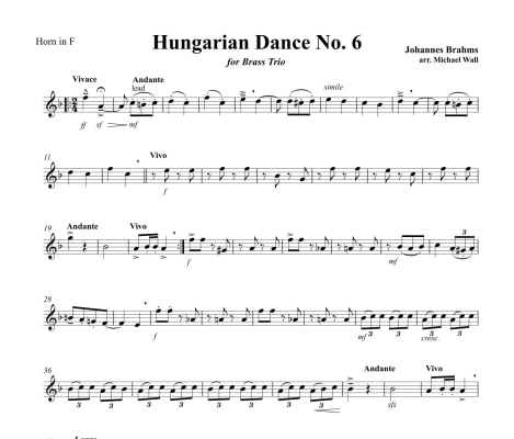 Hungarian Dance No. 6 - Brahms/Wall - Brass Trio - Score/Parts