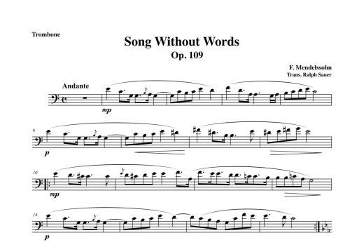 Song Without Words, Op. 109 - Mendelssohn/Sauer - Trombone/Piano - Book