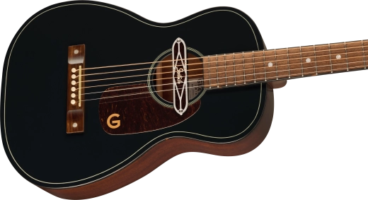 Deltoluxe Parlor Acoustic Guitar, Walnut Fingerboard and Tortoiseshell Pickguard - Black Top