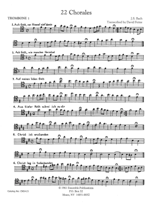 22 Chorales - Bach/Fetter - Trombone Quartet - Score/Parts