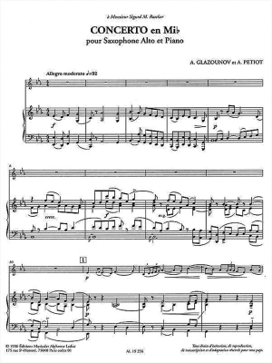 Saxophone Concerto Op. 109 in E Flat - Glazunov - Alto Saxophone/Piano - Book