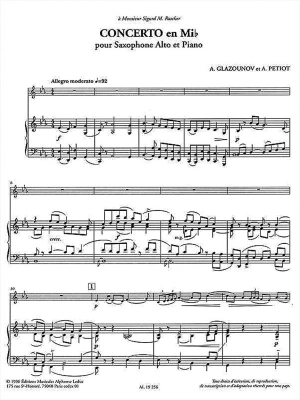 Saxophone Concerto Op. 109 in E Flat - Glazunov - Alto Saxophone/Piano - Book