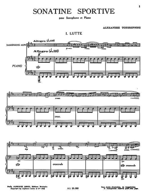 Sonatine Sportive Tcherepnine Saxophone alto et piano Partition individuelle