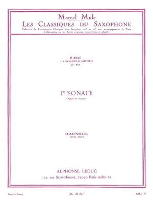 Alphonse Leduc - Sonate n1, opus1 n1a (Classiques n87) Hndel, Mule Saxophone alto et piano  Partition individuelle