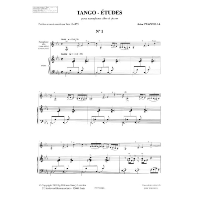 Tango - Etudes (6) ou Etudes tanguistiques - Piazzolla - Alto Saxophone/Piano - Book