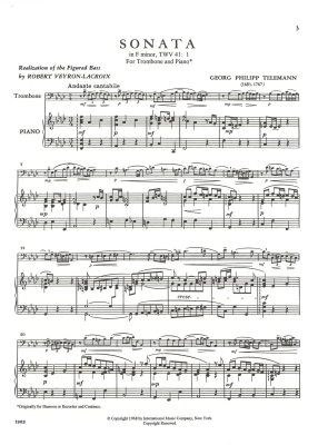 Sonata in F minor, TWV 41:f1 - Telemann/Ostrander/Veyron-Lacroix - Trombone/Piano - Sheet Music
