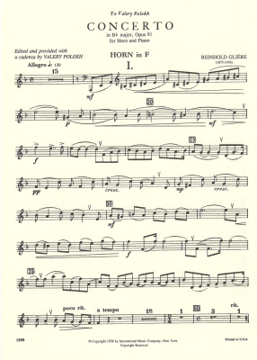 Concerto in B flat major (with Cadenza), Opus 91 - Gliere/Polekh - Horn/Piano - Sheet Music