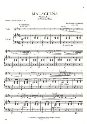 Malaguena, Opus 21, No. 1 - Sarasate/Francescatti - Violin/Piano - Sheet Music