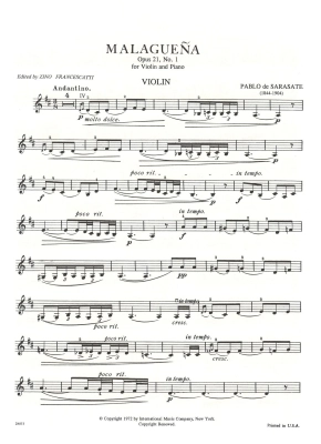 Malaguena, Opus 21, No. 1 - Sarasate/Francescatti - Violin/Piano - Sheet Music