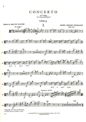 Concerto in G major - Telemann/Katims - Viola/Piano - Sheet Music