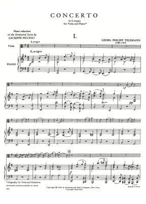 Concerto in G major - Telemann/Katims - Viola/Piano - Sheet Music