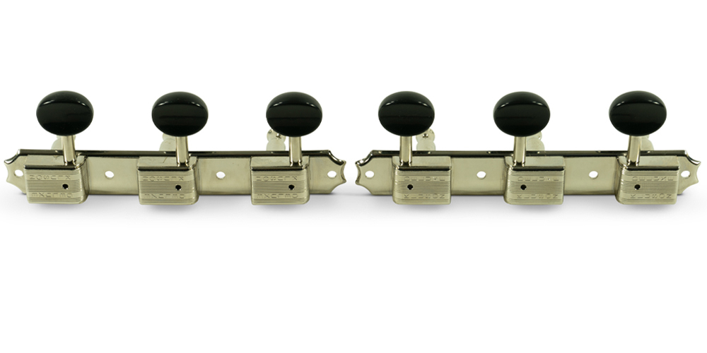 3 On A Plate Deluxe Series Tuning Machines, Double Line, Standard Post - Nickel with Black Oval Buttons