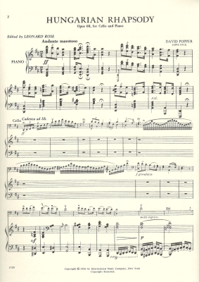 Hungarian Rhapsody, Opus 68 - Popper/Rose - Cello/Piano - Sheet Music