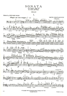 Sonata in D minor, Opus 40 - Shostakovich/Rose - Cello/Piano - Sheet Music