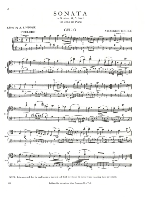 Sonata in D minor, Opus 5, No. 8 - Corelli/Lindner - Cello/Piano - Sheet Music