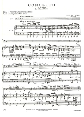 Concerto in B flat major - Boccherini/Gruetzmacher/Rose - Cello/Piano - Sheet Music