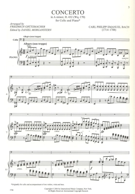 Concerto in A minor, H. 432 (Wq. 170) - C.P.E. Bach/Gruetzmacher/Morganstern - Cello/Piano - Sheet Music