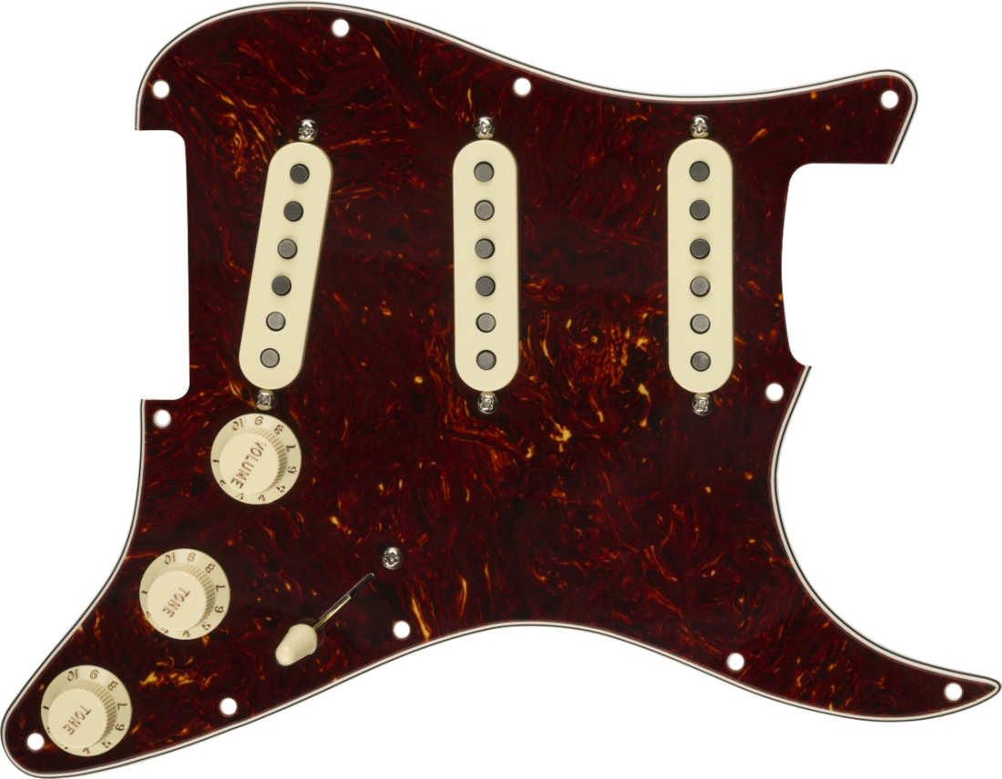 Pre-Wired Strat Pickguard, Custom Shop Fat 50\'s SSS, 11 Hole - Tortoise Shell