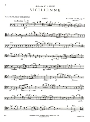 Sicilienne, Opus 78 - Faure/Zimmermann - Double Bass/Piano - Sheet Music