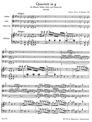 Quartet in G minor K. 478 - Mozart/Federhofer - Violin/Viola/Cello/Piano - Score/Parts