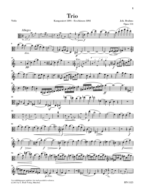 Trio in A Minor, Op. 114 (Revised Edition) - Brahms/Loose-Einfalt - Clarinet (Viola)/Cello/Piano - Score/Parts